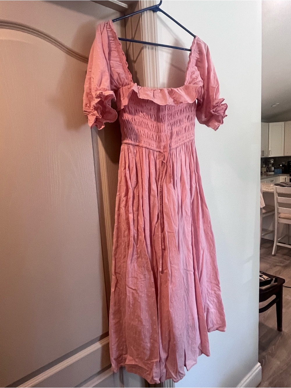 Smocked Puff-Sleeve Midi Dress in Pink (softer pink than photo)